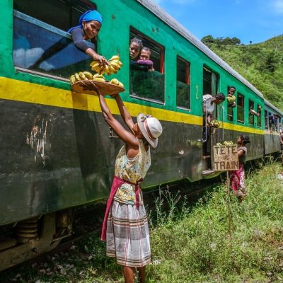 Fianarantsoa, Madagascar, March 7, 2013: Activity around the FCE train (Fianarantsoa - East Coast) during a stop in a railway station